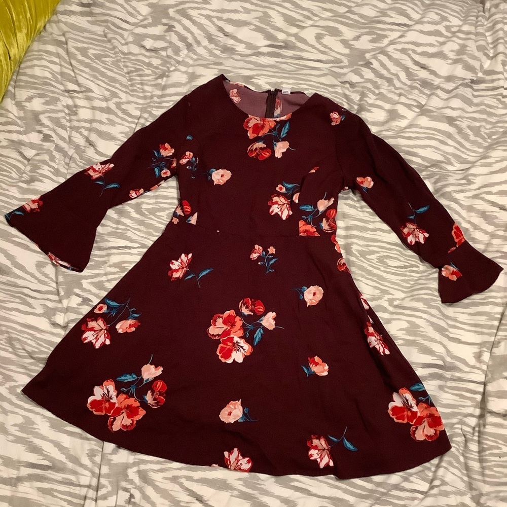 Maroon floral fit & flare dress with bell sleeves